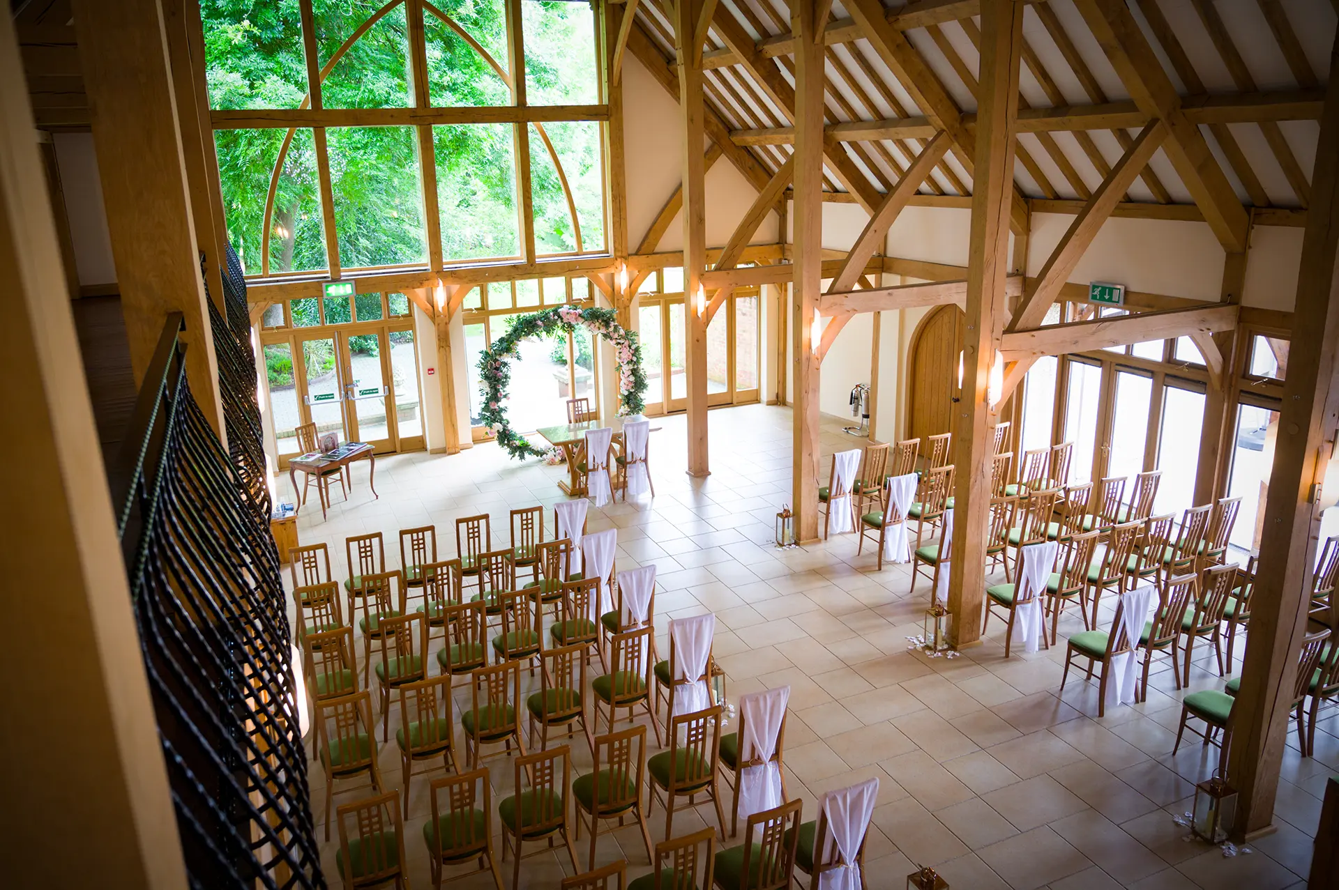 The Ceremony Barn at Rivervale Barn dressed for a wedding ceremony