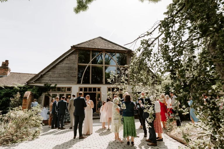 Wedding drinks reception in Rivervale Barn's gardens