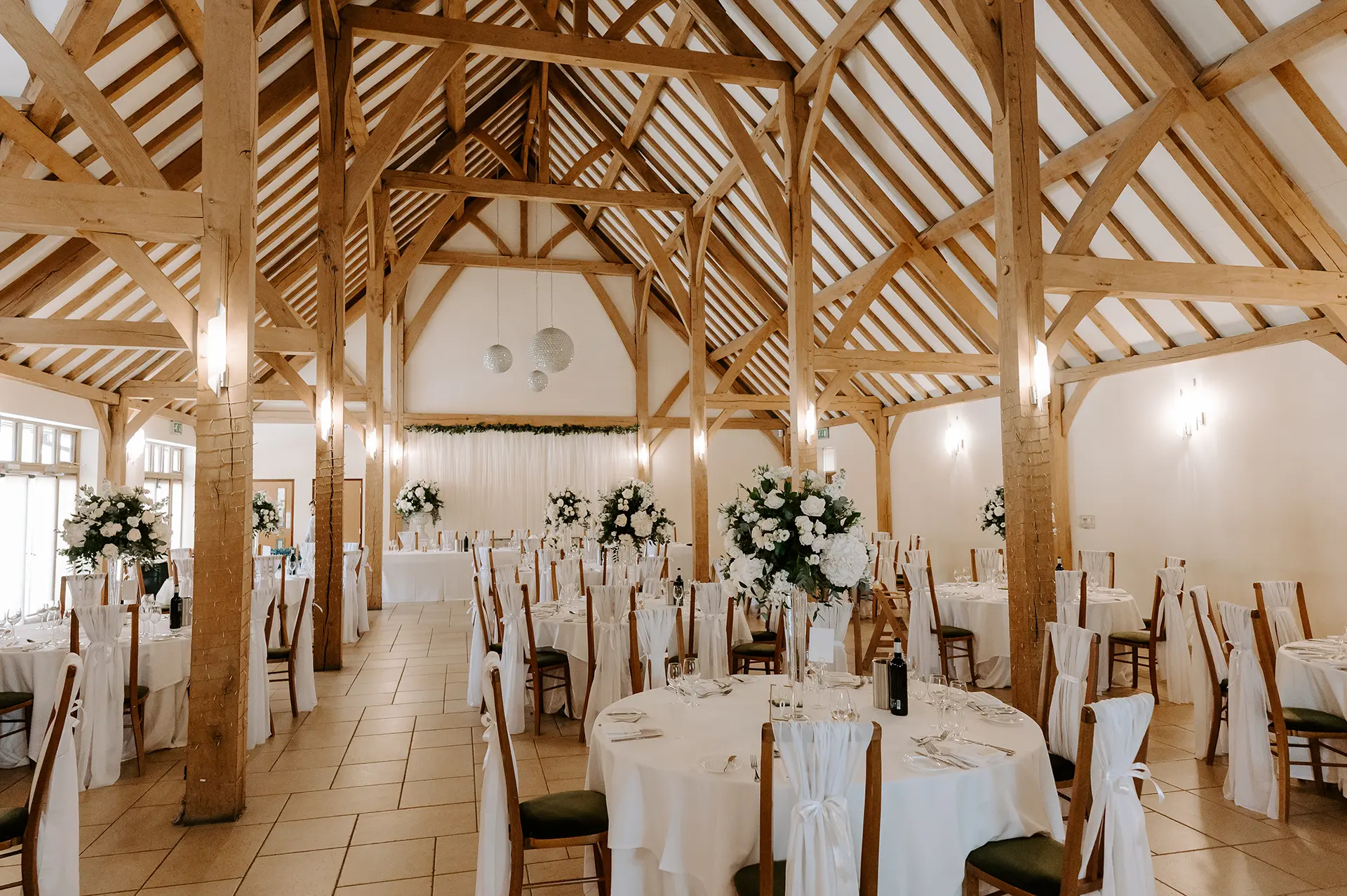 The Dining Barn setup for a wedding breakfast at Rivervale Barn