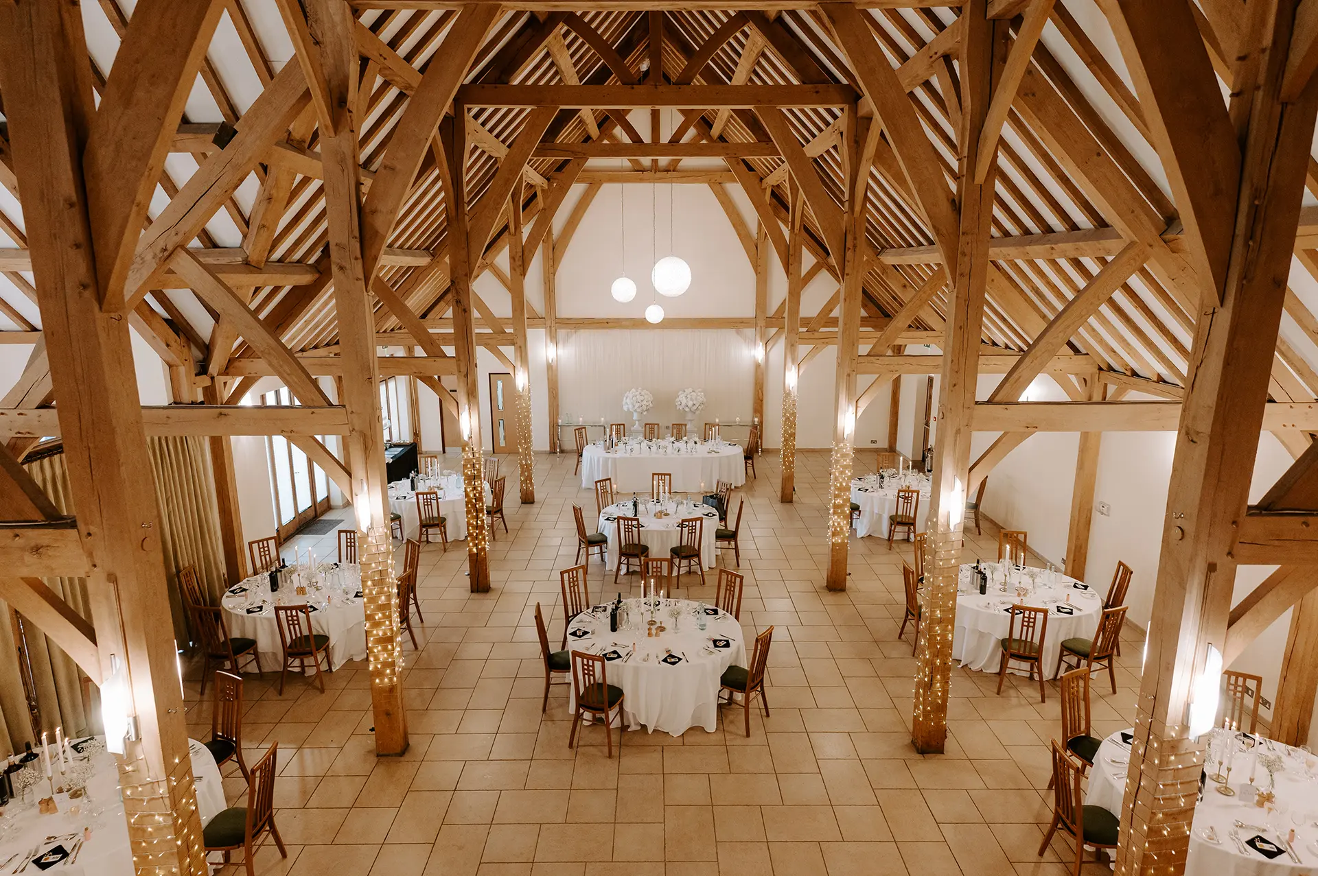 The Dining Barn dressed for a wedding breakfast at Rivervale Barn