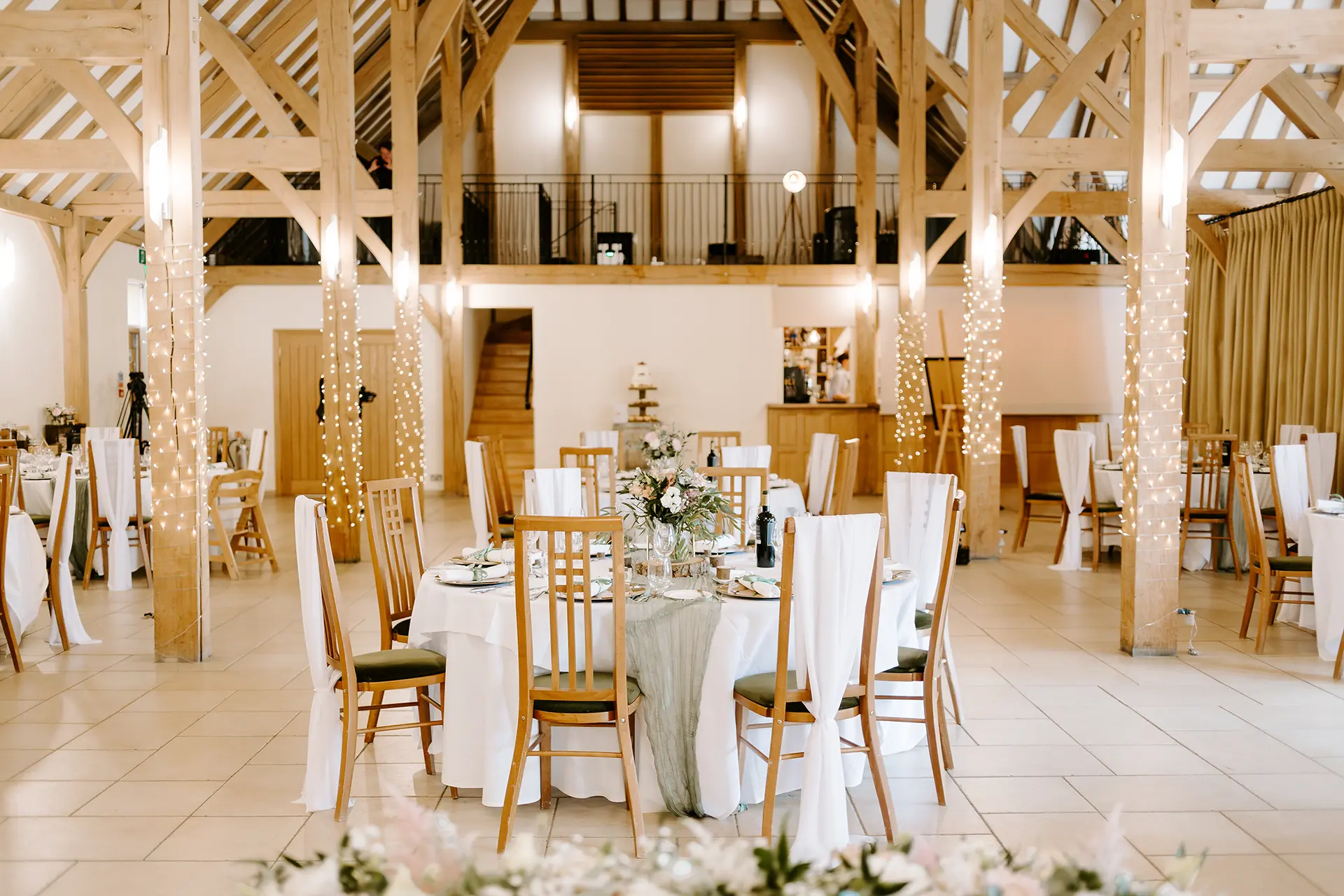 The Dining Barn dressed for a wedding reception at Rivervale Barn