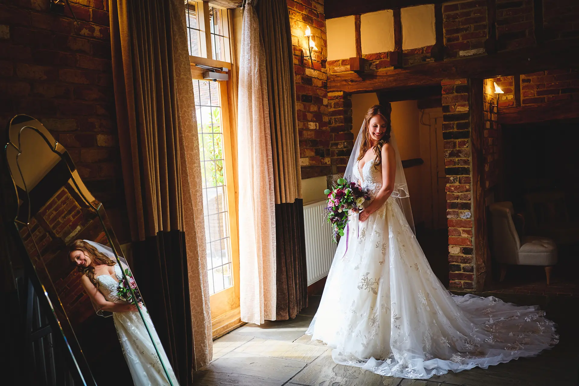 Bride in the Cornstore Cottage honeymoon suite at Rivervale Barn