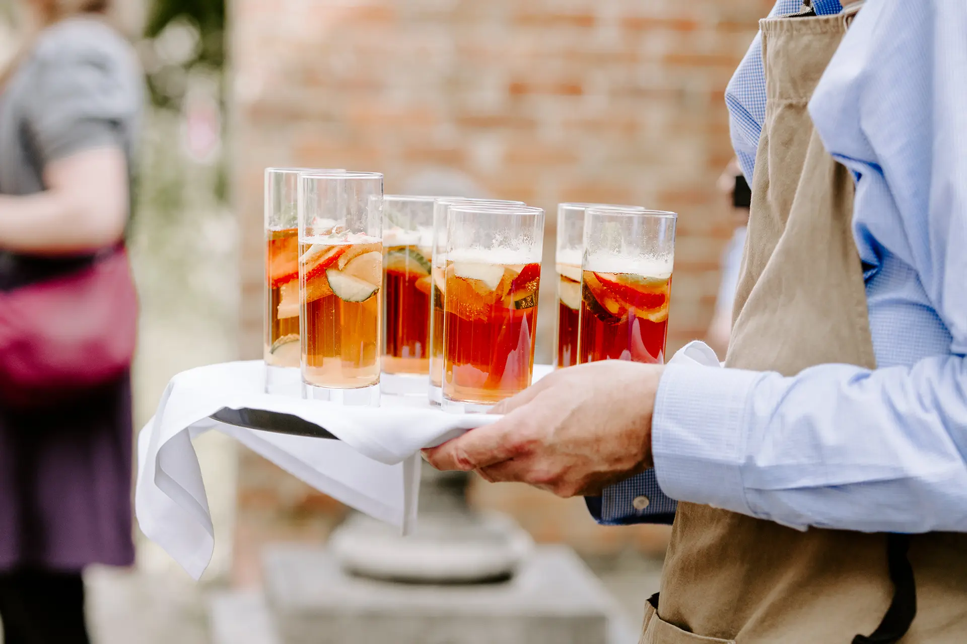 Drinks reception service at a wedding at Rivervale Barn