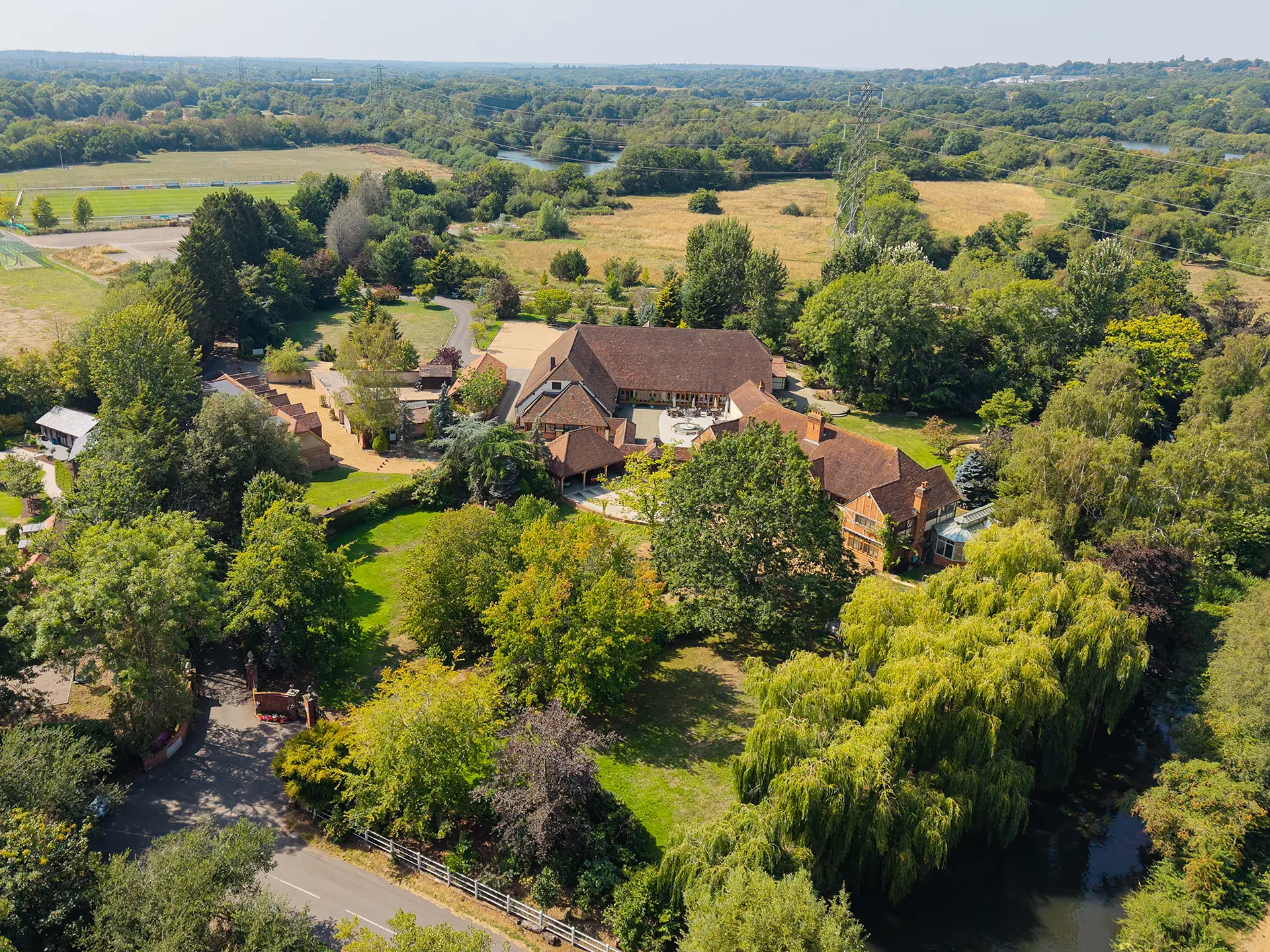 Drone image of Rivervale Barn wedding venue
