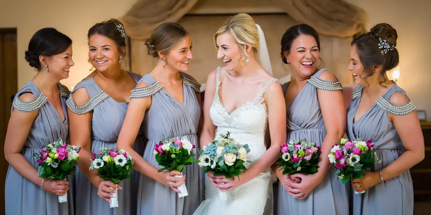 A bride and her bridesmaids ready for a stunning wedding in the beautiful barn venue Rivervale Barn