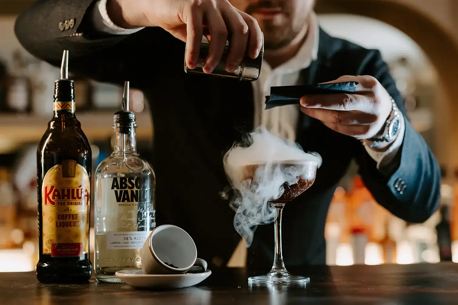 Expertly crafted espresso martini served by our bartender at Rivervale Barn