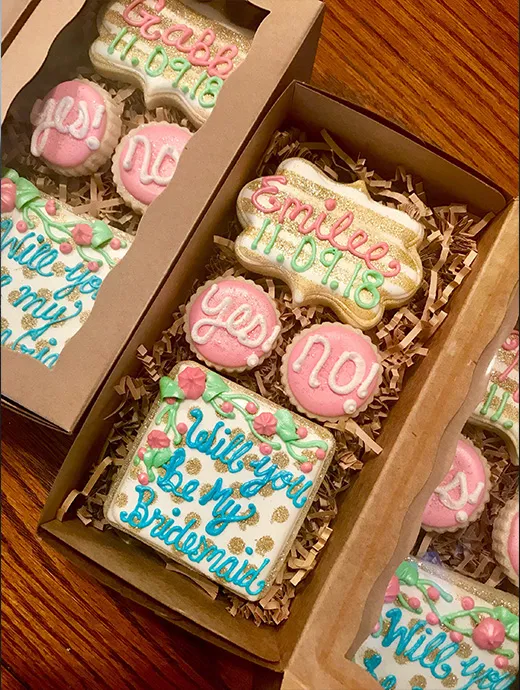 personalised cookie ready for a memorable bridesmaid proposal