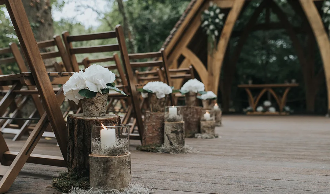 The Spinney set up with elegant décor ready for a magical wedding at Rivervale Barn in Hampshire