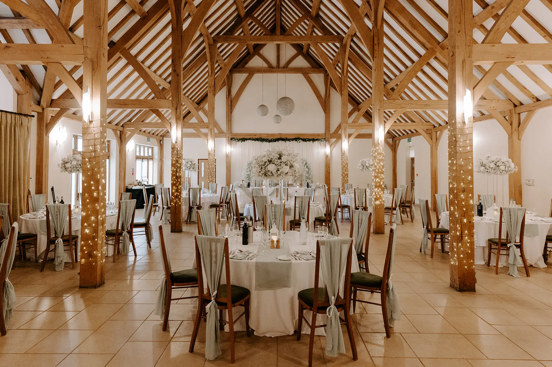 The Dining Barn at Rivervale Barn dressed for a spring wedding reception