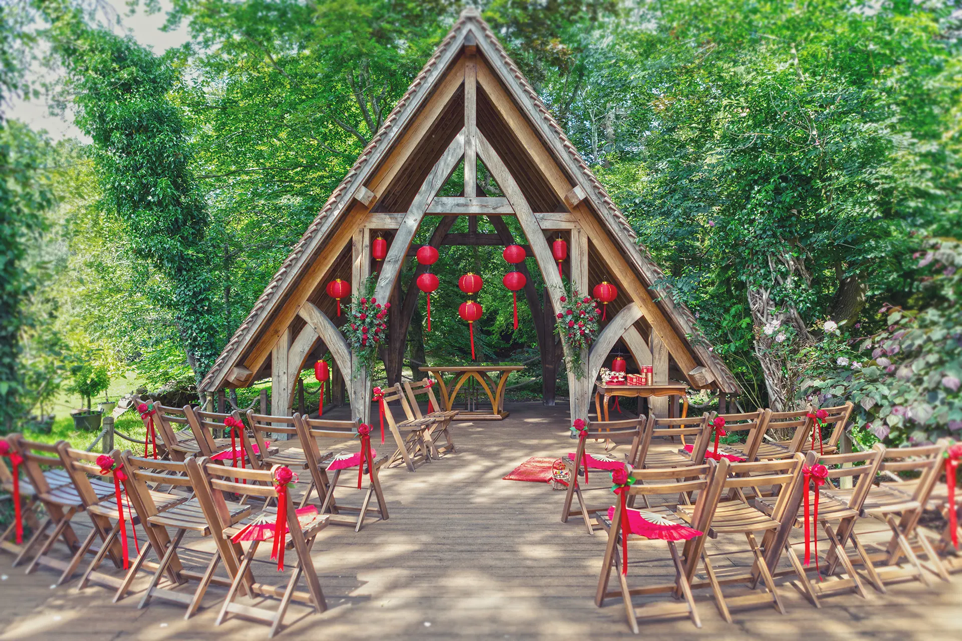 The Spinney outdoor ceremony space dressed for a Chinese wedding at Rivervale Barn