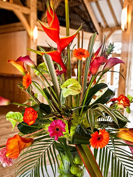 Tropical flower arrangement at Rivervale Barn