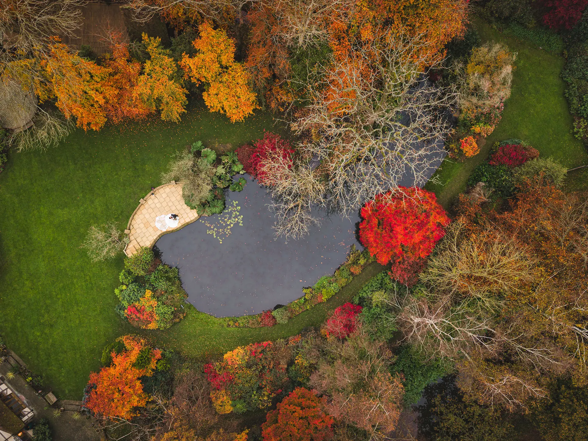 Drone view of Rivervale Barn's gardens in autumn