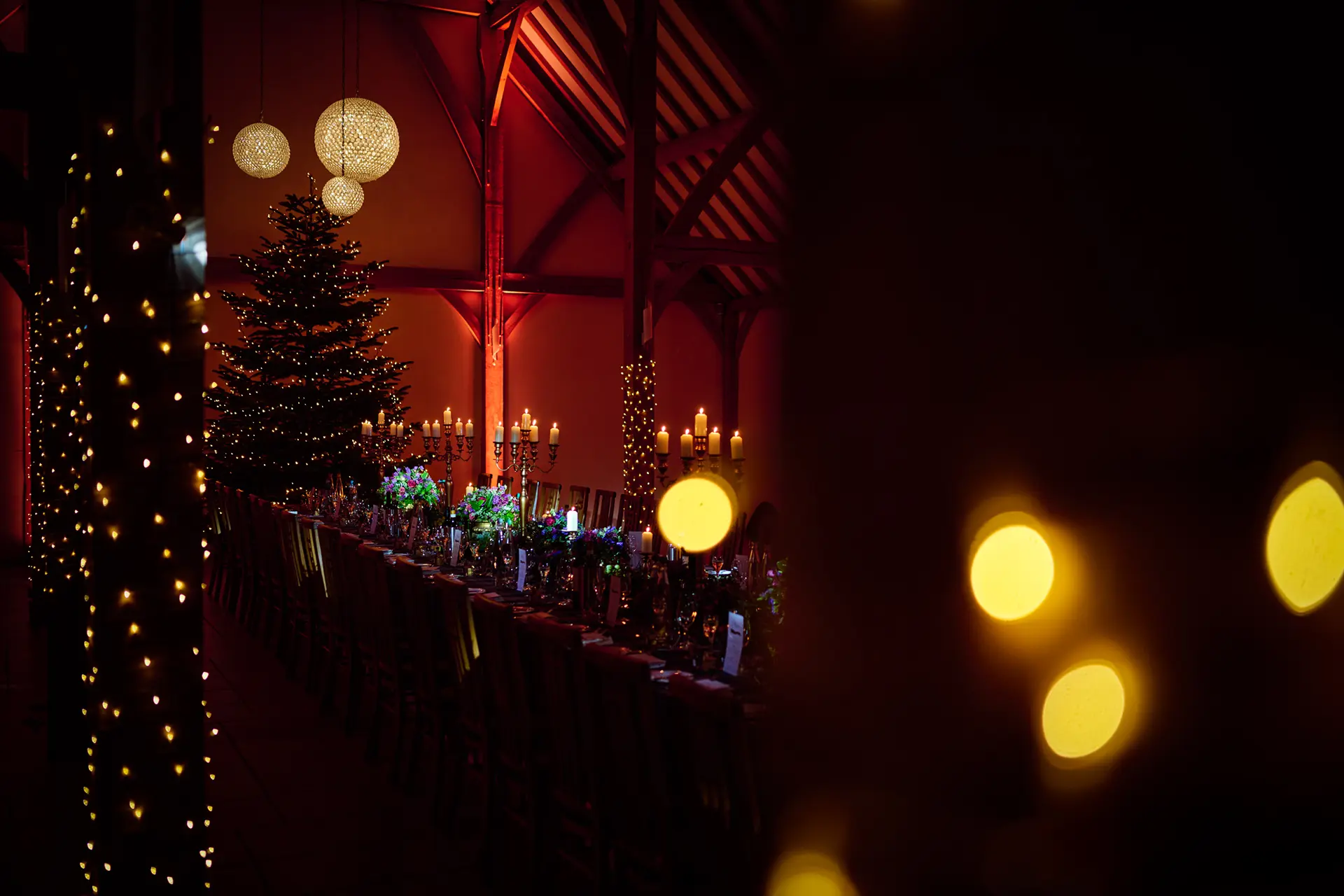 The Dining Barn at Rivervale Barn dressed for a Christmas themed wedding